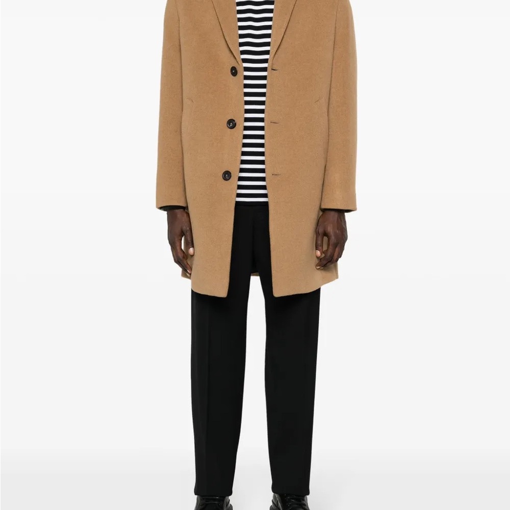 Classic Tan Trench Coat with Notched Lapel and Wool-Blend Fabric